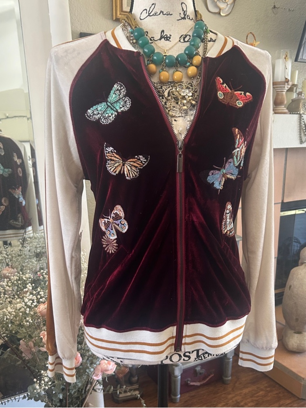 Paparazzi burgundy baseball jacket with embroidered butterflies